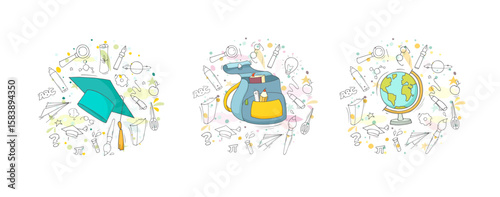 School education icons with globe, pencil, book and pen. Doodle planet Earth model and stationery for study in school, geography lesson. Education banner with sketch office supply, vector illustration