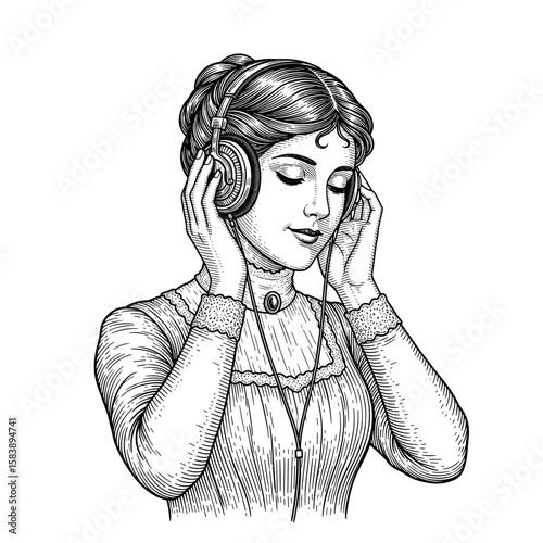 Woman listening to music with headphones, enjoying the sound  