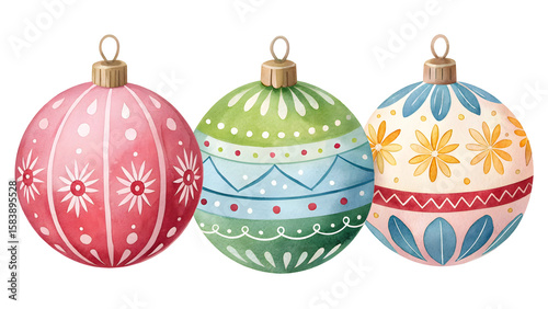 Watercolor Christmas Ornaments with Folk Art Patterns in Pink Green and White isolated on a transparent background
