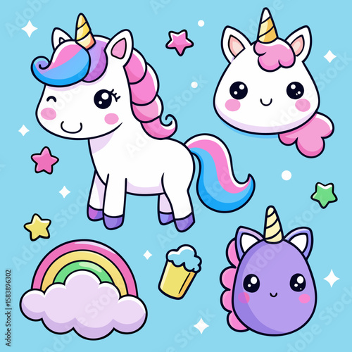 unicorn stickers set cute unicorn vector icons printable editable 