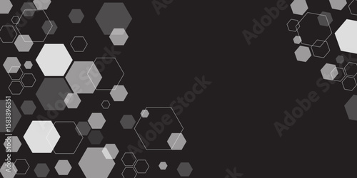 Black and white abstract background with a hexagonal pattern and molecular structure