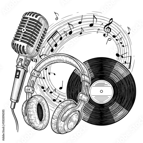 Microphone, headphones, and vinyl record with musical notes for International Music Day  