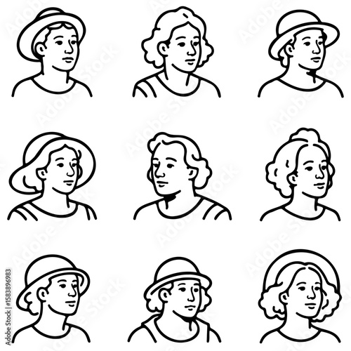 Nine illustrations of young women wearing hats in various styles  