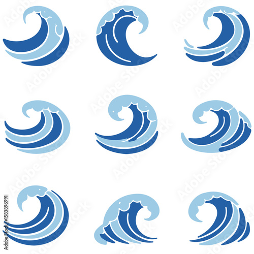Various blue ocean wave illustrations in different styles and shapes  