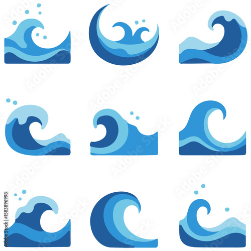 Various wave illustrations in shades of blue for ocean representation  