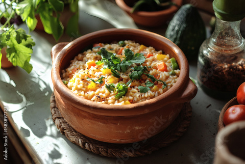 Zero waste summer vegetable scrap risotto in clay pot
