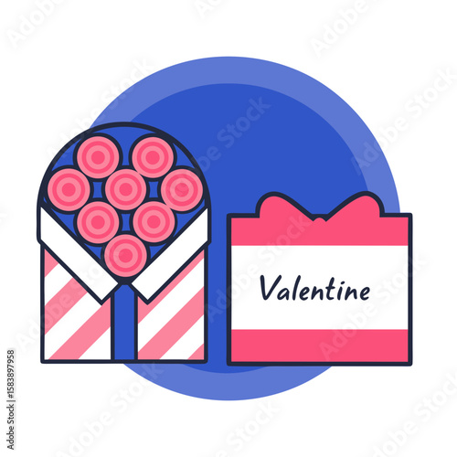 Valentine gift box and heart in modern icon style