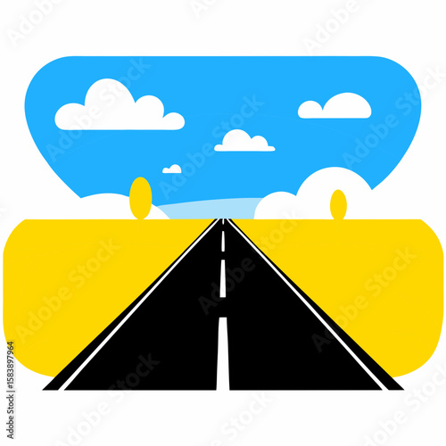 Black road vector illustration with blue sky and clouds