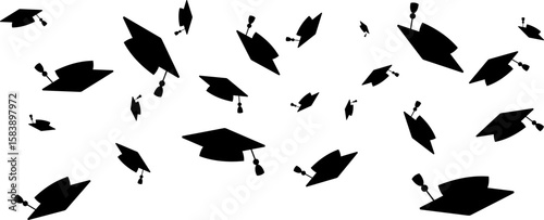 Graduates celebration. Flying black graduate hat border