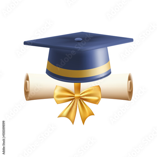 3d diploma scroll with graduate hat. Vintage roll paper
