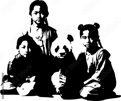 Photo of three children pose with a panda stuffed animal, capturing a moment of innocent togetherness
