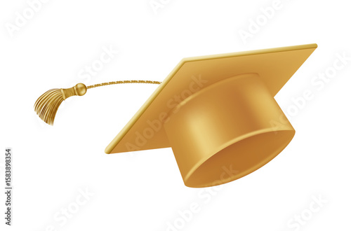 Graduates celebration. Flying golden graduate hats with tassels.
