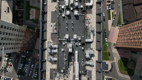 Flying over the roof of an office building