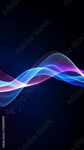 Abstract image of flowing, colorful light ribbons on a dark blue background, with tiny particles