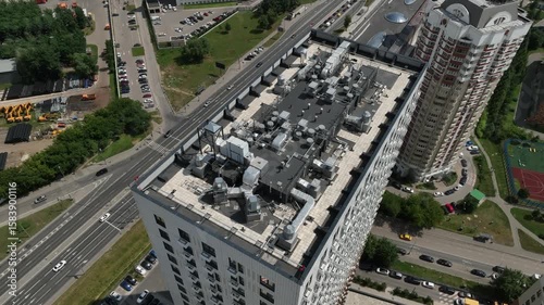 Aerial view of the communications on the roof of a residential building