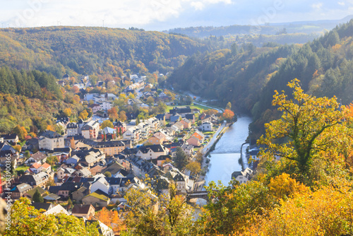 View of historical Vianden city and the Our river at autumn in Luxembourg. View from Vianden castle