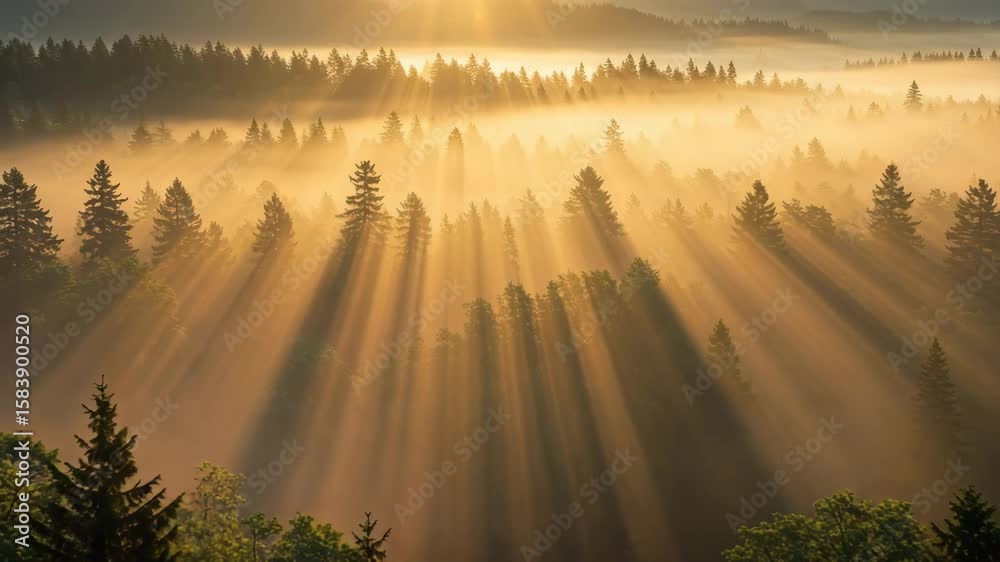 Golden forest with majestic mood bathed in sunlight against a mountain backdrop