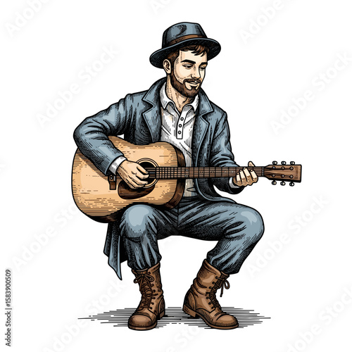 Man playing guitar while sitting in stylish outfit for International Music Day  