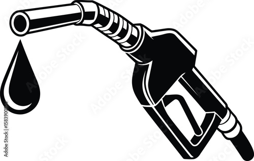 Black silhouette of a gasoline pump nozzle with a drop of fuel isolated on white background