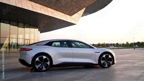 Futuristic white car parked against modern architectural 