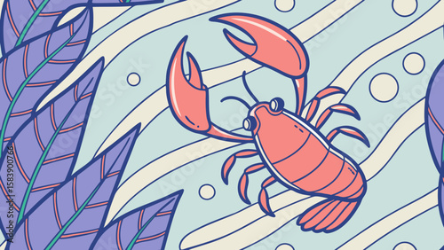 Whimsical Lobster Illustration in a Watery, Plant-Filled Scene for Children's Designs