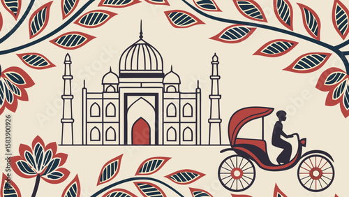 Elegant rickshaw art pattern featuring a detailed monument, vibrant foliage, and a classic three-wheeled vehicle.