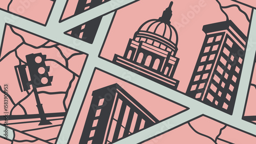Abstract Urban Landscape Stylized Architecture with Geometric Fractures and Cityscape Elements, High-Contrast Design