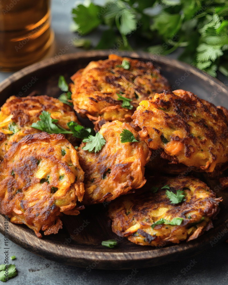 Fototapeta premium Eco-conscious vegetable scrap fritters with herb garnish