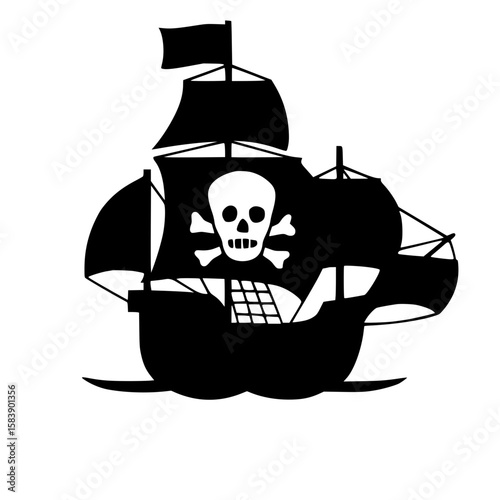 Pirate ship silhouette with skull and crossbones flag, adventurous theme, copy space