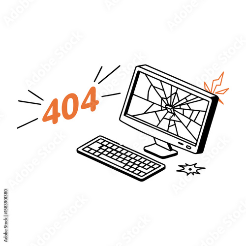  Broken Computer Monitor – 404 Page Not Found Vector Illustration