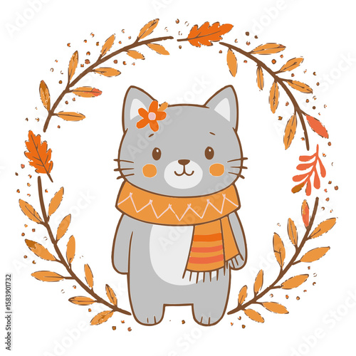 Cute cat character wearing a scarf, cheerful expression surrounded by autumn leaves wreath, copy space