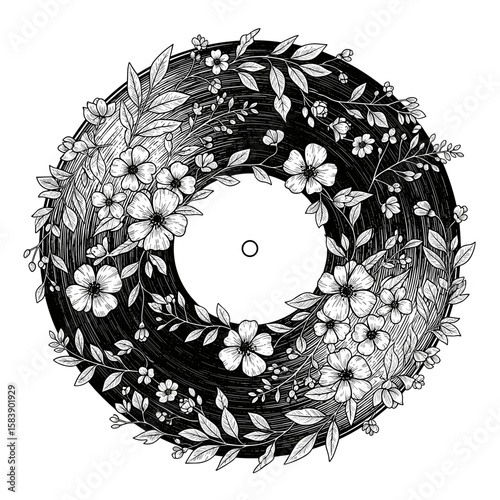 Floral wreath design with vinyl record in black and white style for International Music Day  