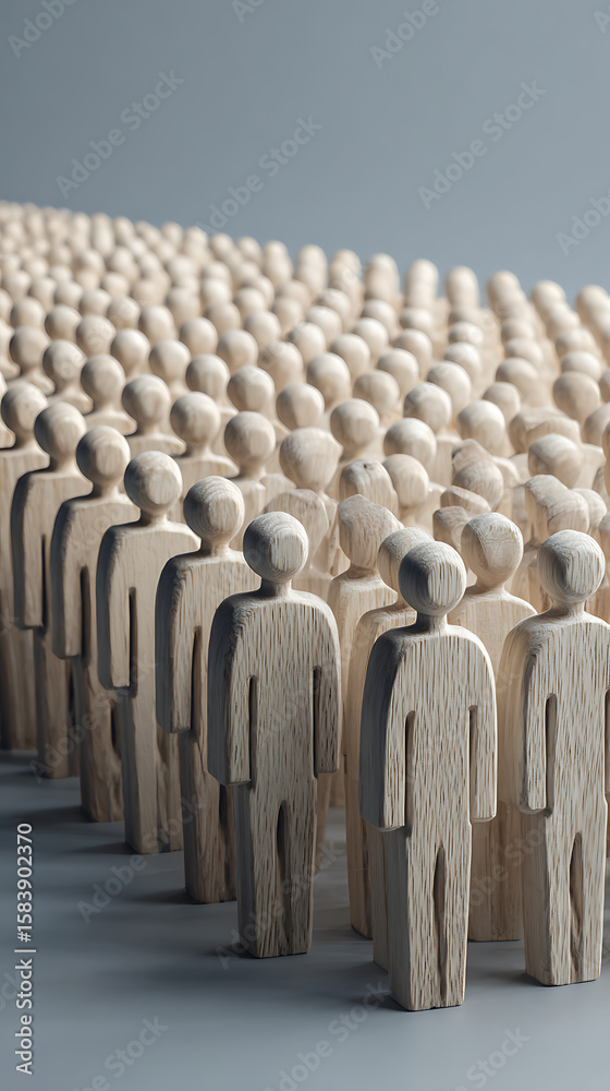 Obraz premium Numerous wooden figures arranged in rows with a neutral background people crowd