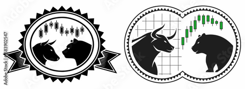 Stock market bull bear icons with trading graphs and candlestick charts representing market trends, finance investment trade exchange economy illustration