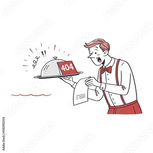 Waiter Reading 404 Menu – Web Page Not Found Concept in Restaurant Style