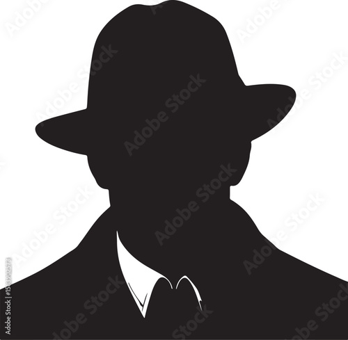 Black silhouette of a man wearing a fedora and suit vector