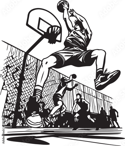 Athletic basketball players dunking and defending court