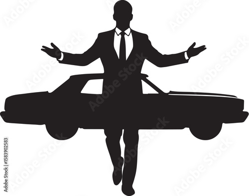 Businessman presenting classic car suit automobile