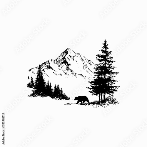 mountain landscape vector silhouette black vintage style art