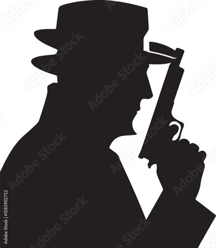 Silhouette of a man in a hat holding a handgun pistol