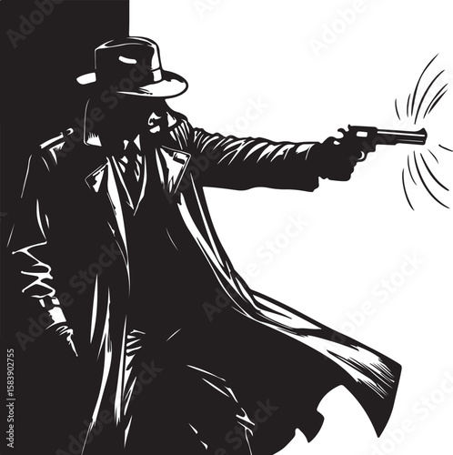 Silhouette man in fedora firing handgun trench coat