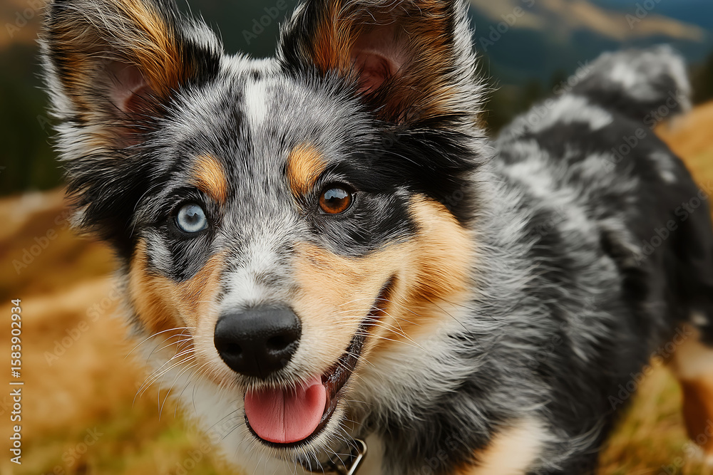 Obraz premium Blurry background with Australian Shepherd playing in sunny meadow. Warm summer day
