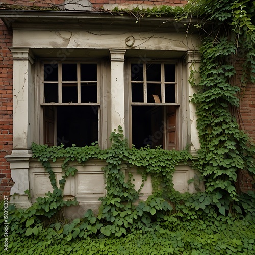 An old, abandoned building with weathered windows is overtaken by lush green ivy, showcasing the beauty of decay and natures reclamation
