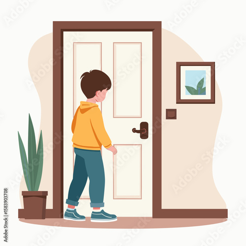Young boy opening door while standing indoors near potted plant  