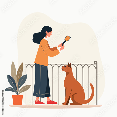 Woman grooming her brown dog indoors with a brush 