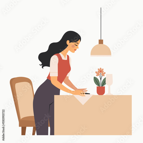 Woman writing in a notebook while standing at a table with flowers  