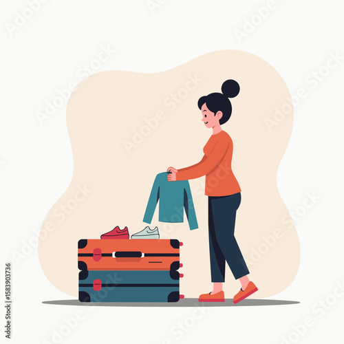 Young woman packing clothes into suitcase while preparing for travel  