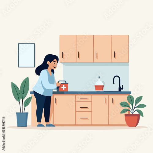 Woman organizing first aid kit in modern kitchen with plants  