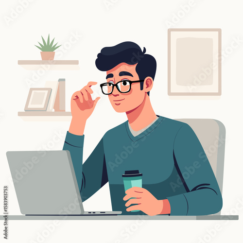 Man wearing glasses working on laptop and holding coffee cup at home  