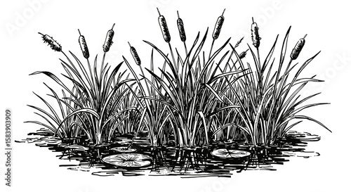 Vintage ink sketch reeds – hand drawn black and white illustration doodle vector, engraving svg